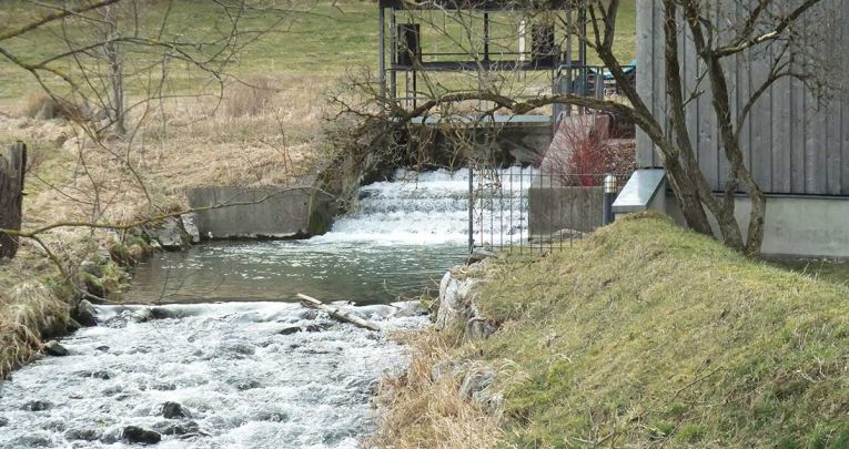 Das Wehr teilgeöffnet, darunter das Tosbecken, rechts Hochwasserdeich